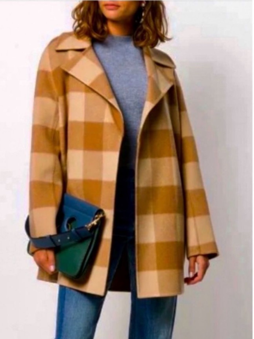 Theory Clairene Overlay Coat in Camel Multi Check- XL.